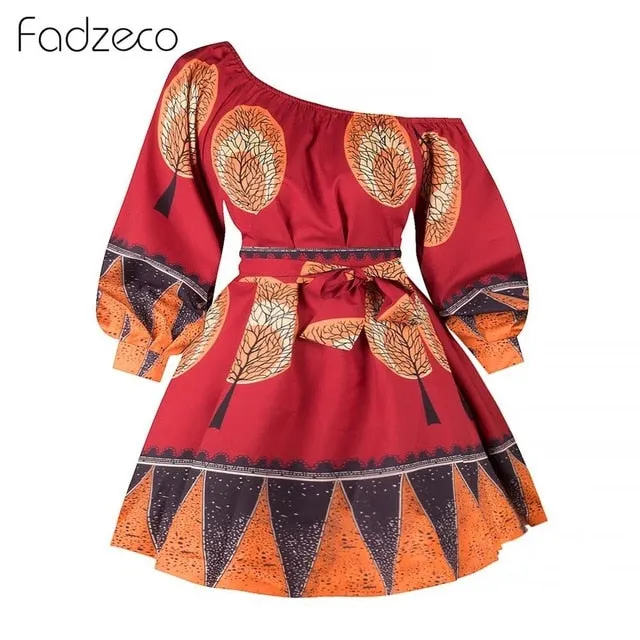 2020 One Shoulder Puffed Sleeve Tribal Print Mini Dresses