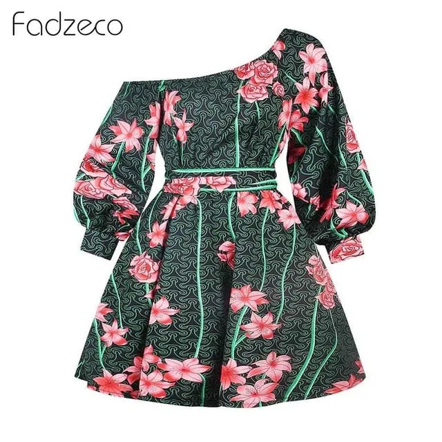 2020 One Shoulder Puffed Sleeve Tribal Print Mini Dresses