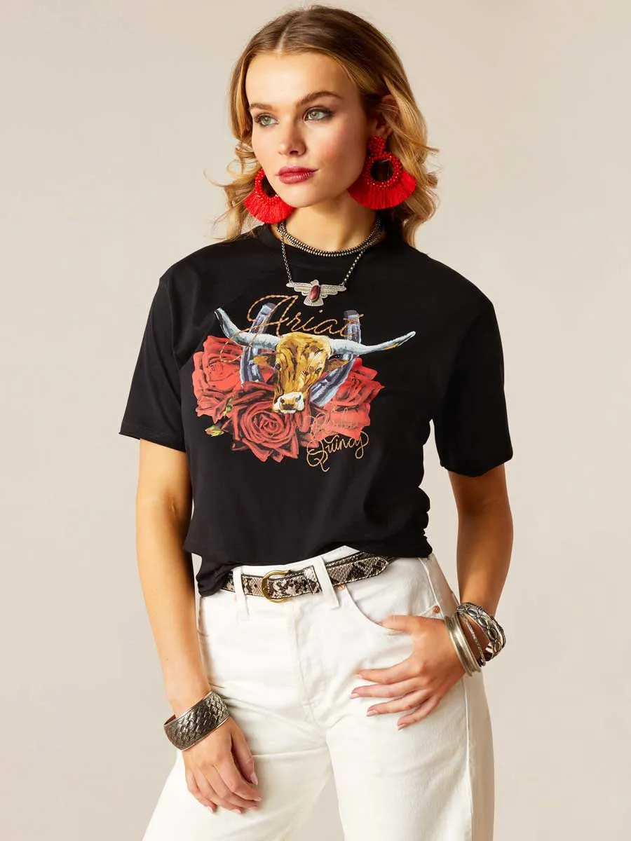 30% OFF ARIAT Steer Rodeo Quincy T-Shirt - Womens - Black - Size: MEDIUM (UK 12-14)