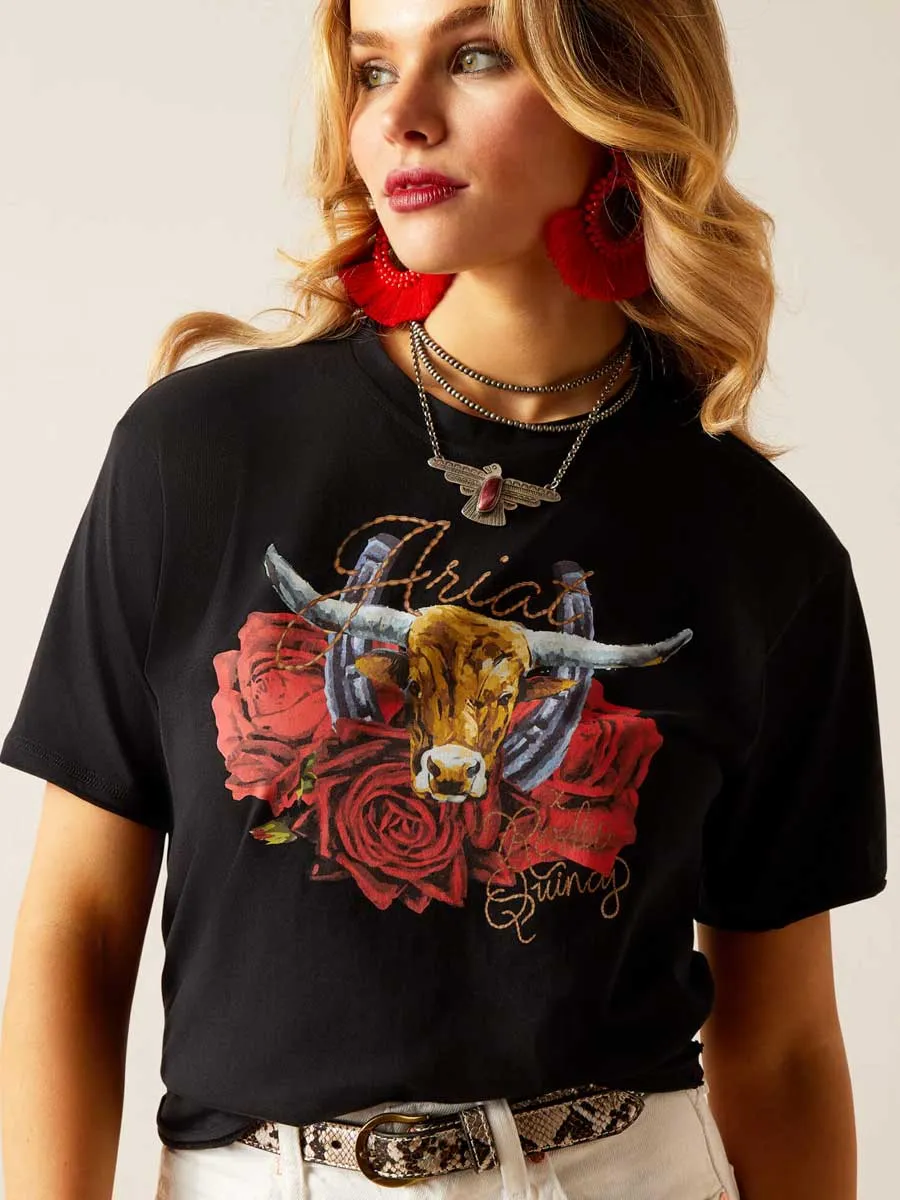 30% OFF ARIAT Steer Rodeo Quincy T-Shirt - Womens - Black - Size: MEDIUM (UK 12-14)