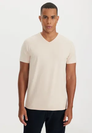 Açık Kahve V-Yaka Regular Fit Pamuk Elastan Karışıklı Basic Erkek T-Shirt THEO