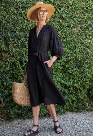 Aubrey Black Cotton Belted Peasant Dress with Pockets - Sale