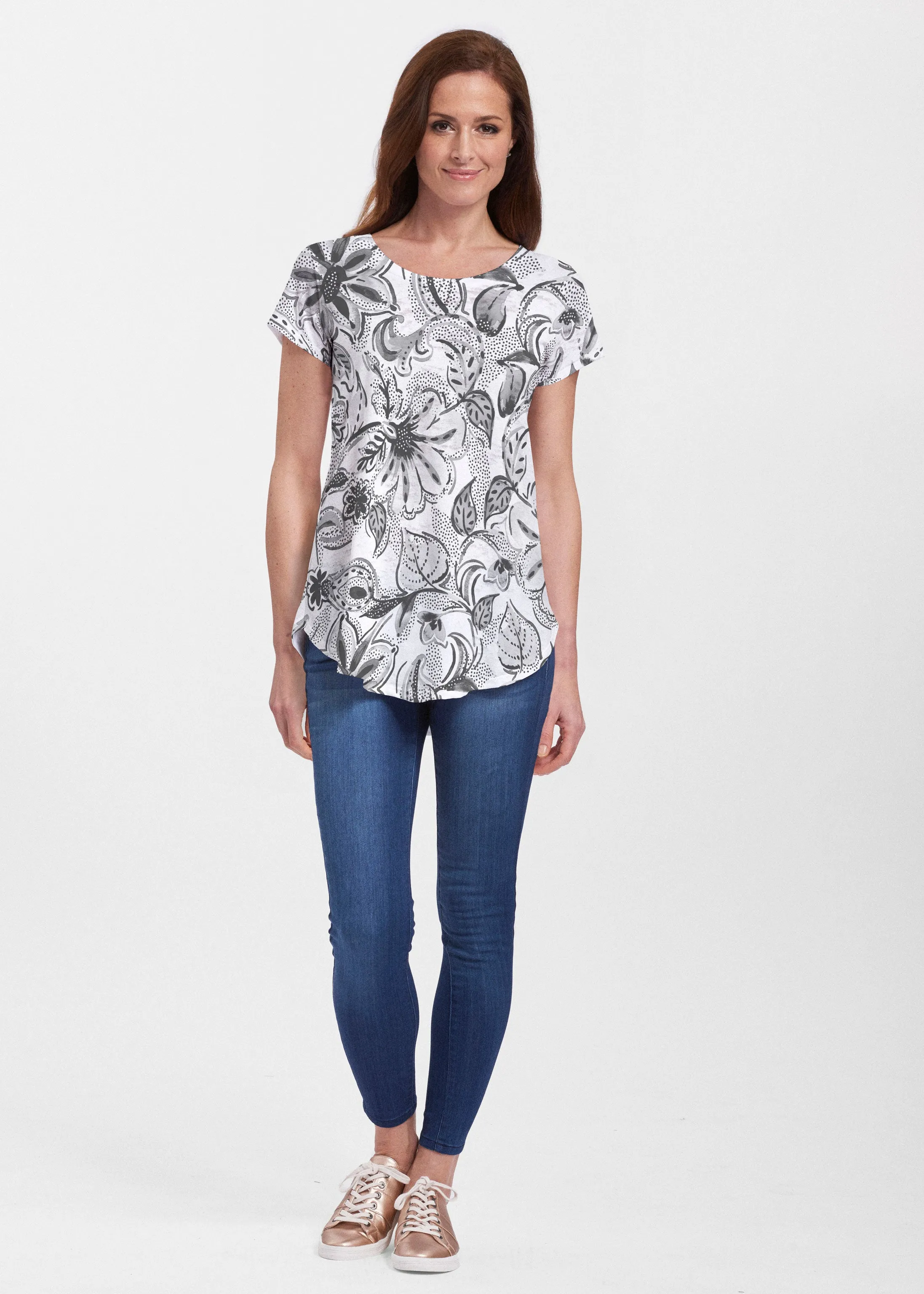 Baltic Watercolor Black (7697) ~ Signature Short Sleeve Scoop Neck Flowy Tunic