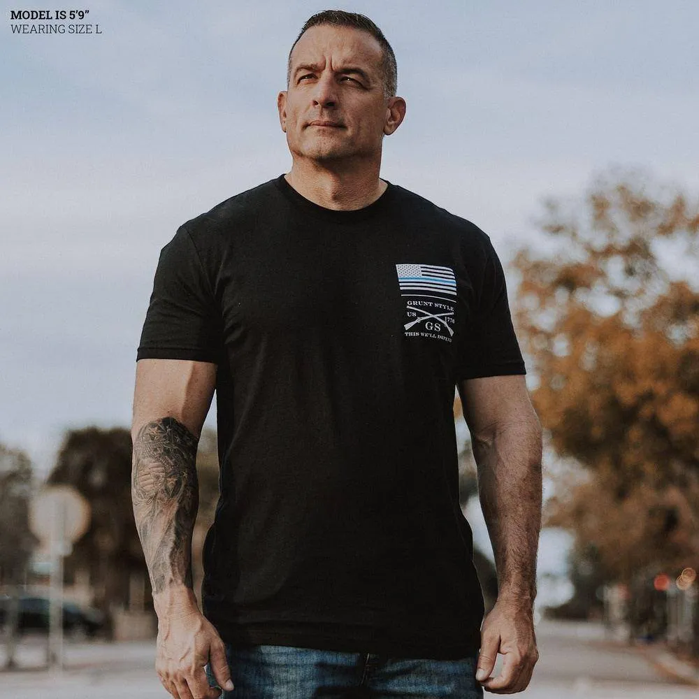 Basic Blue Line Flag T-Shirt - Black