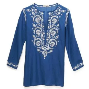Blue & White Cotton Indian Embroidered Tunic