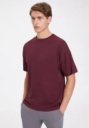 Bordo Bisiklet Yaka Pamuklu Oversize Erkek T-Shirt ESSENTIALS