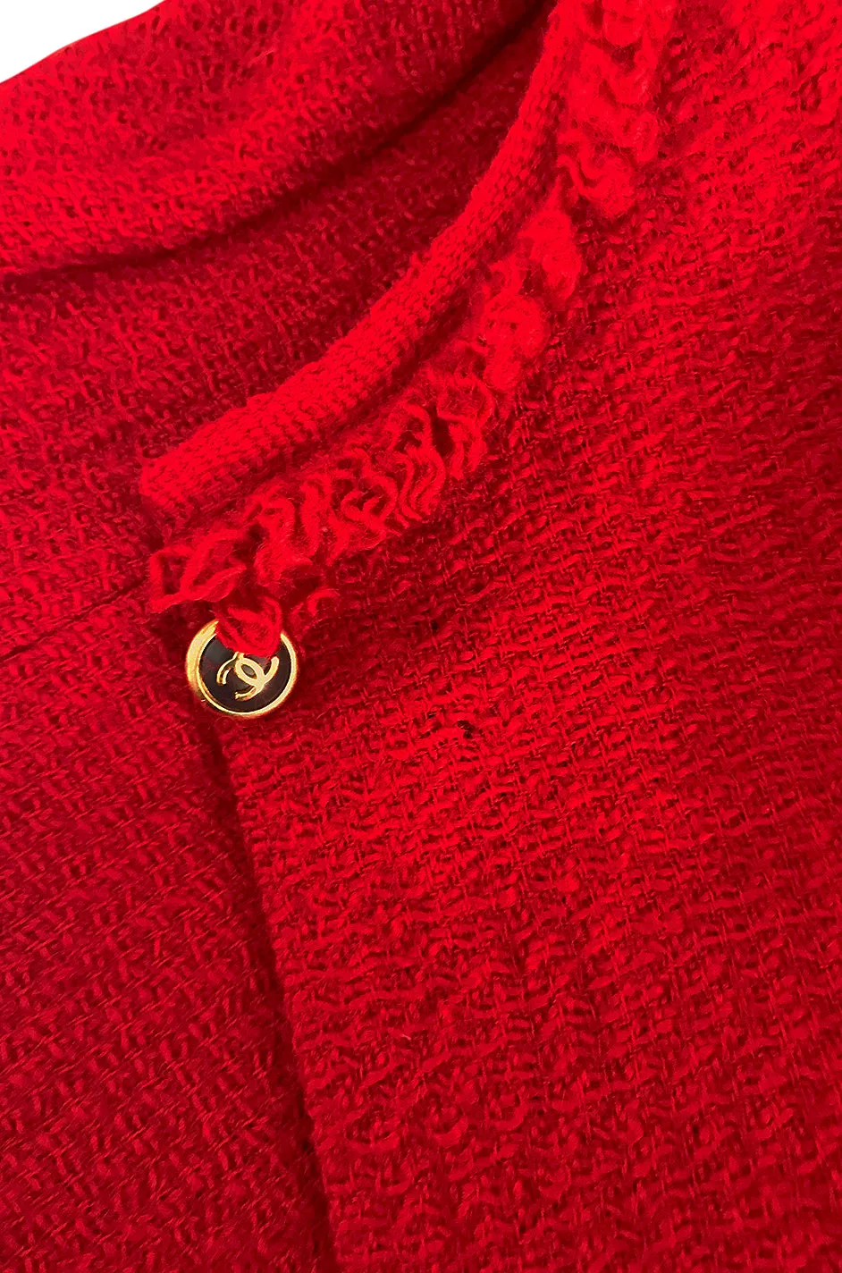 c1978-1985 Chanel Red Boucle Cropped Jacket & Skirt Suit