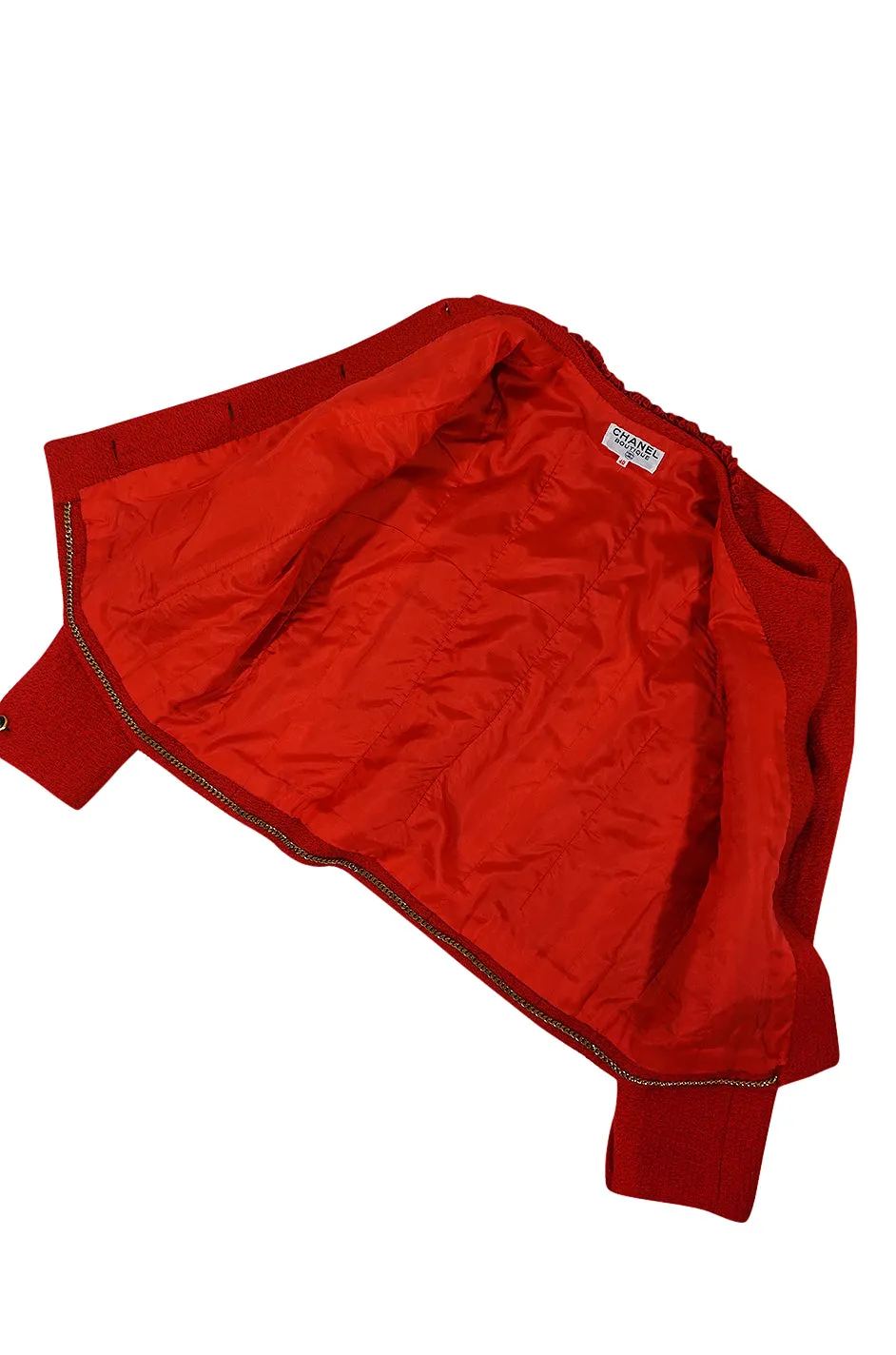 c1978-1985 Chanel Red Boucle Cropped Jacket & Skirt Suit