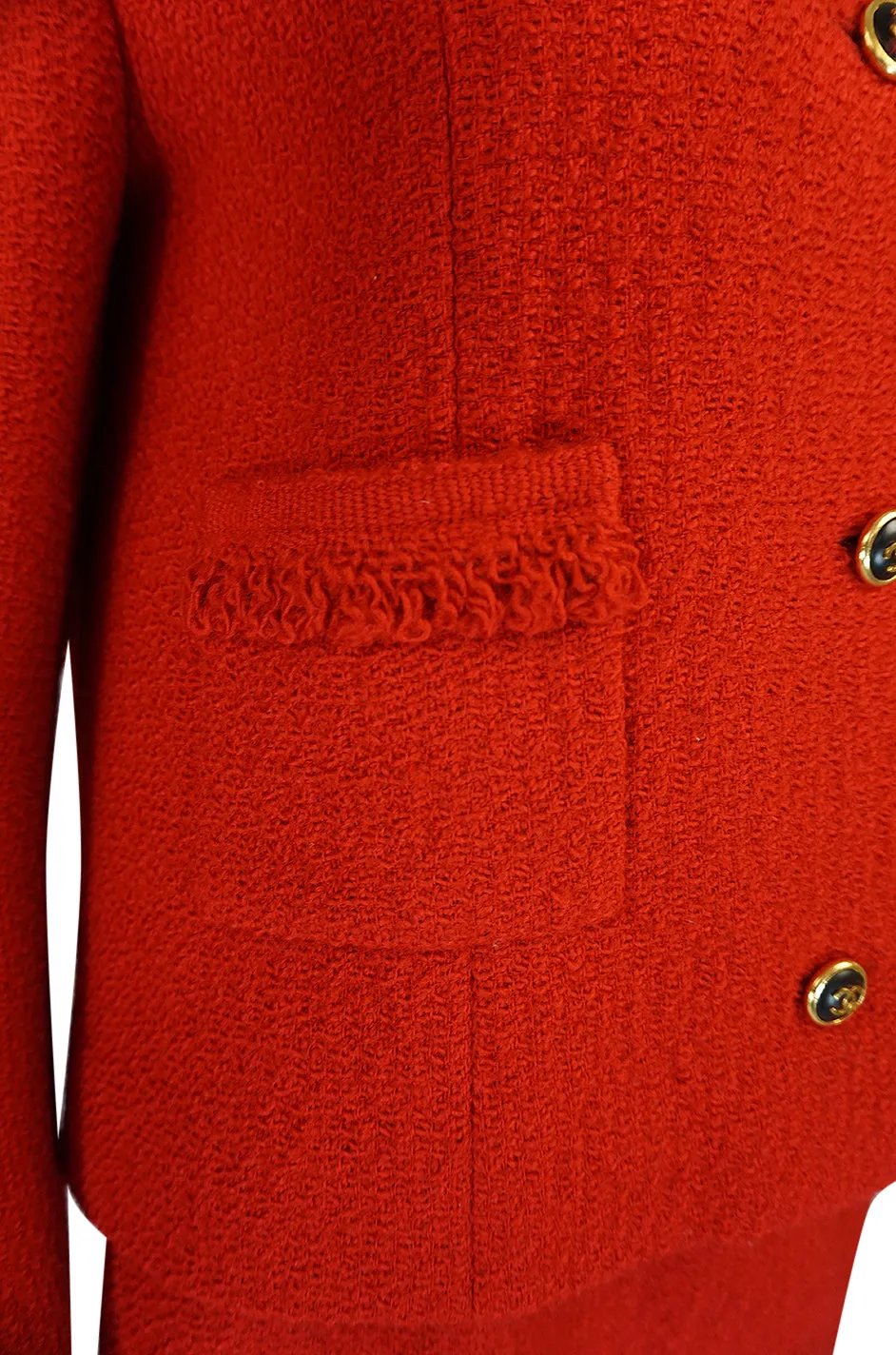 c1978-1985 Chanel Red Boucle Cropped Jacket & Skirt Suit