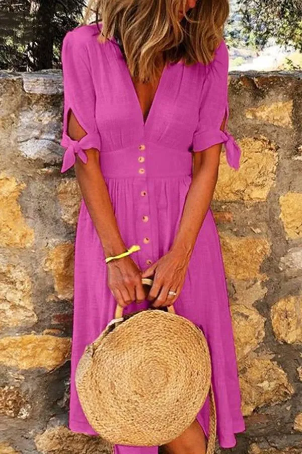 Casual V-Neck Half-Sleeve Solid Color Mini Dress