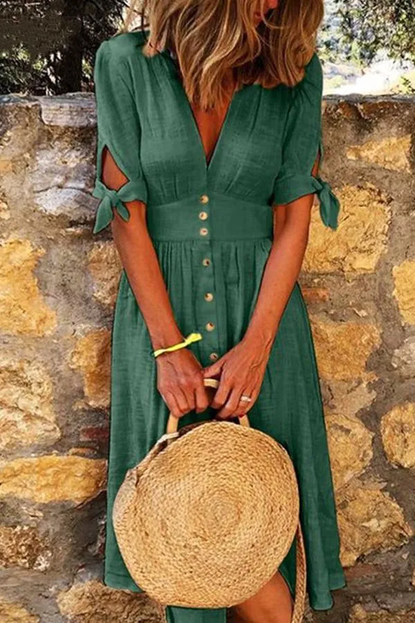 Casual V-Neck Half-Sleeve Solid Color Mini Dress