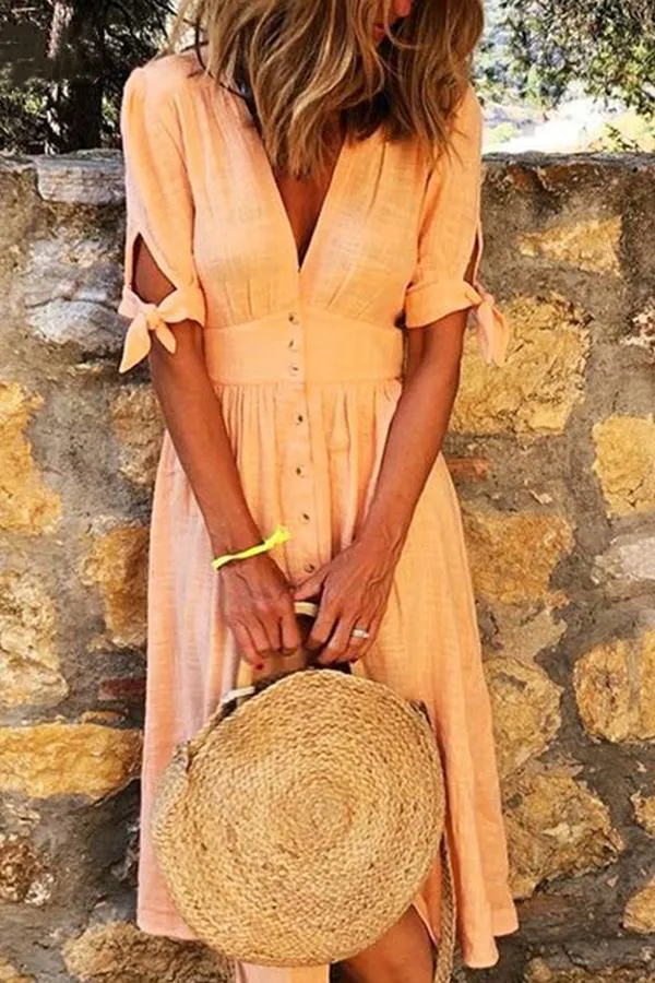 Casual V-Neck Half-Sleeve Solid Color Mini Dress