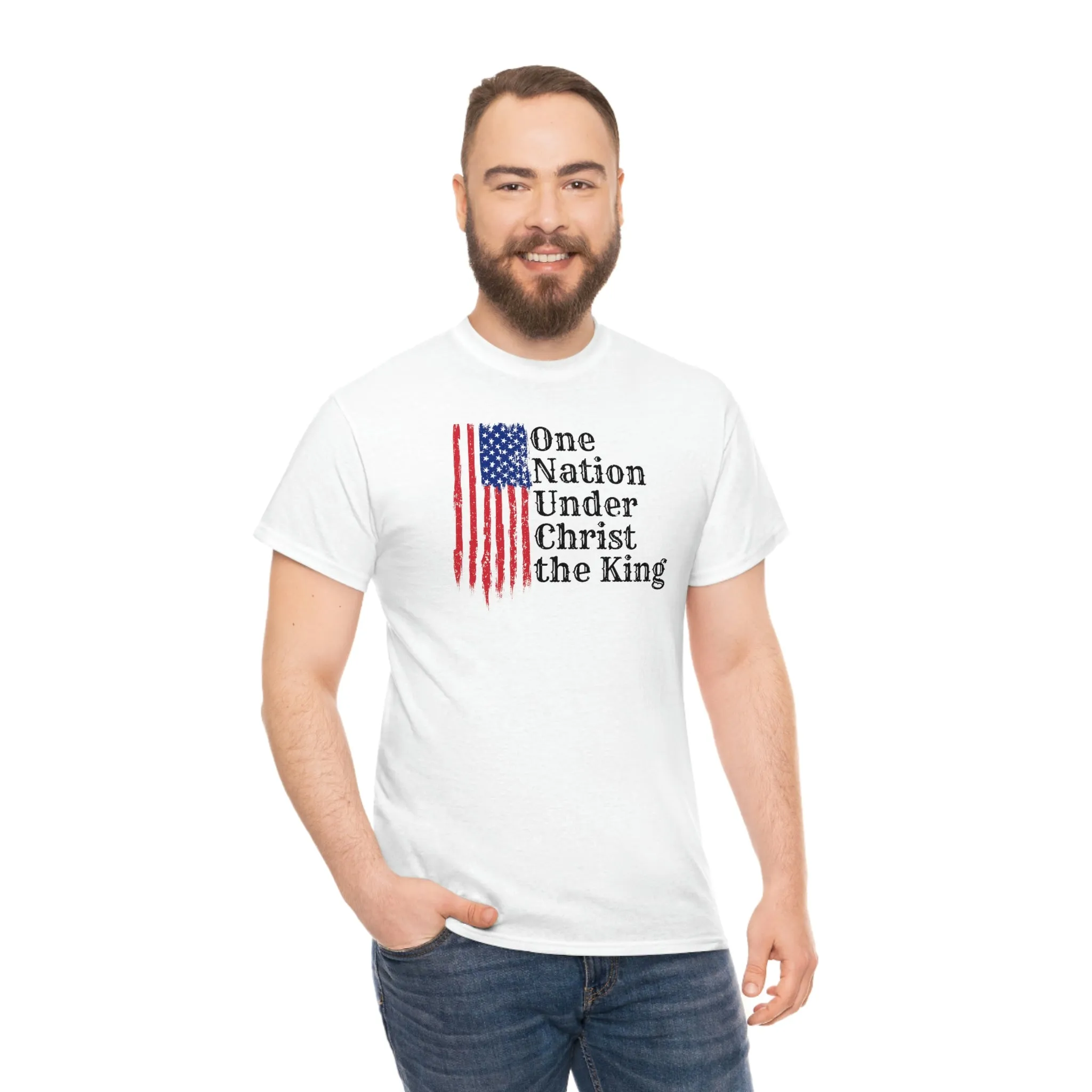 Christian Catholic One Nation under God Patriotic American Flag Unisex Heavy Cotton Tee Shirt
