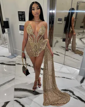 Crystal Beaded Corset Dress w/ Side Train
