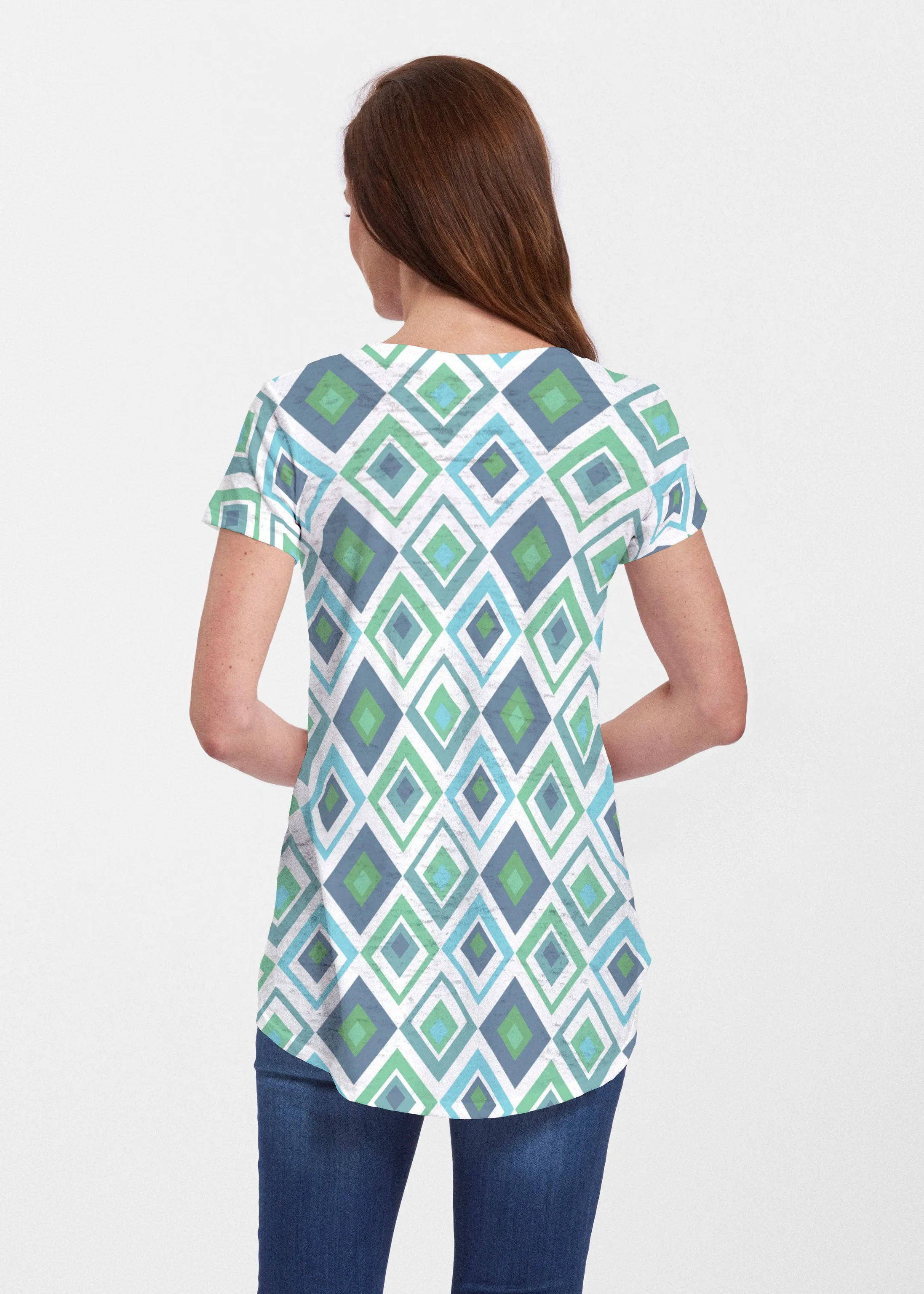 Cubed Blue (7807) ~ Signature Short Sleeve Scoop Neck Flowy Tunic