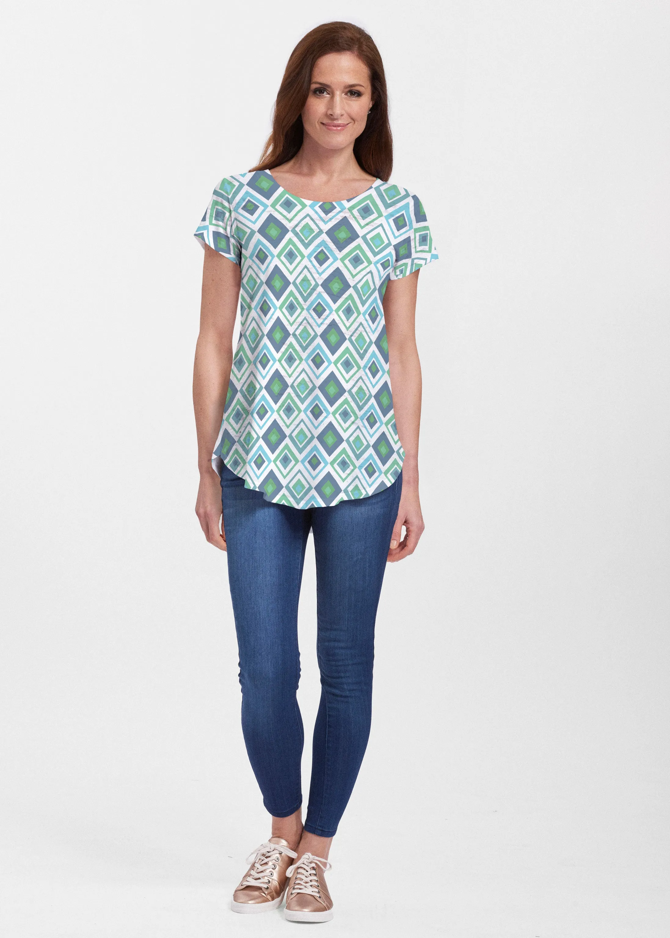 Cubed Blue (7807) ~ Signature Short Sleeve Scoop Neck Flowy Tunic