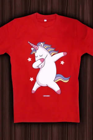 Cute Unicorn doing a dab dance - Quirky Graphic T-Shirt Red Color