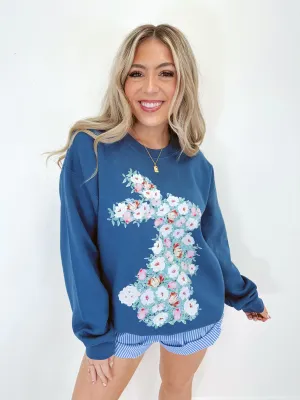 Cutesy Coquette Bunny Graphic Sweatshirt - Indigo Blue
