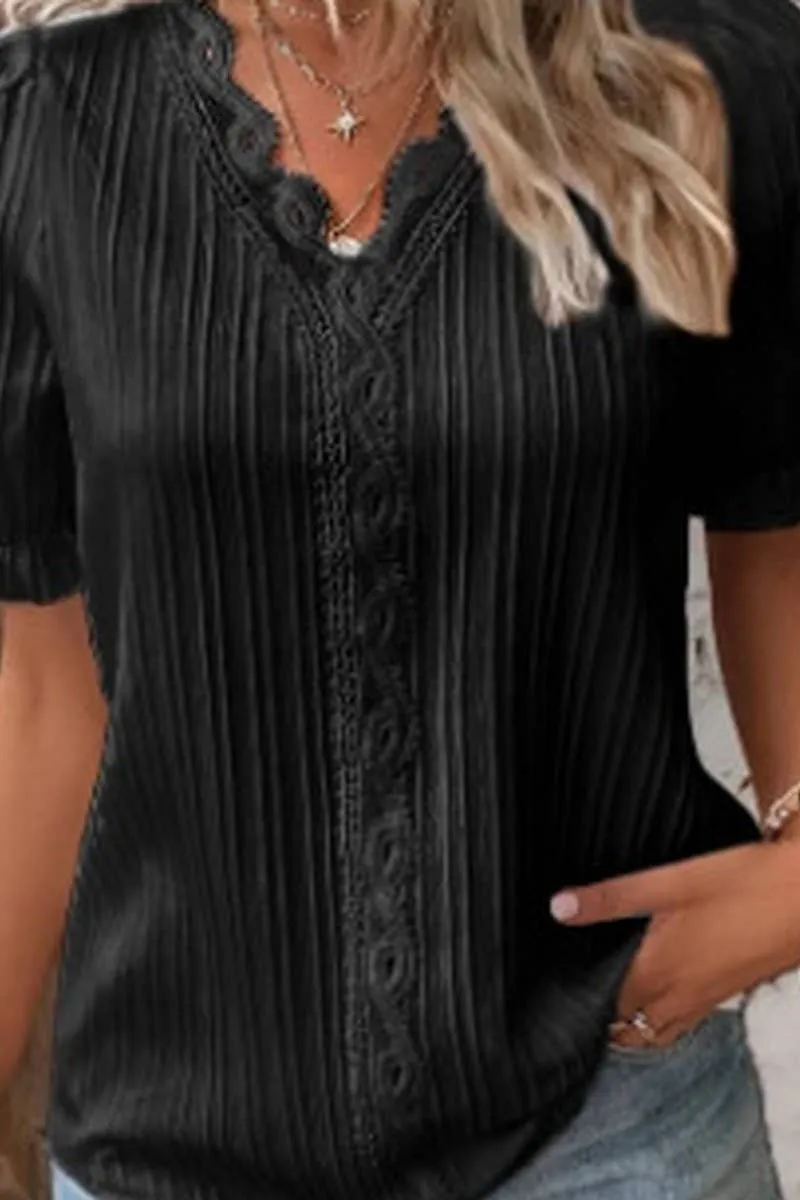 CWTBLS1468_SOLID COLOR V-NECK HOLLOW SHORT-SLEEVED SHIRT: APRICOT / (3XL) 1