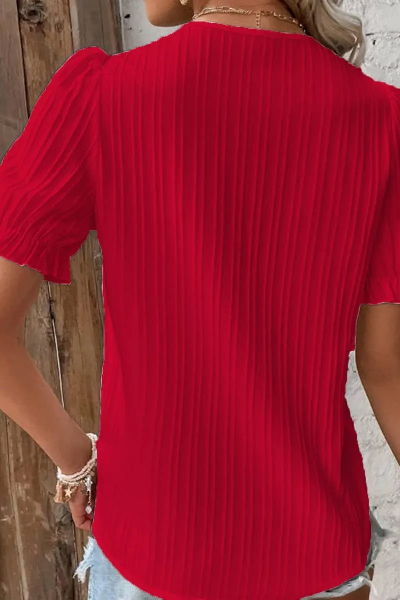 CWTBLS1468_SOLID COLOR V-NECK HOLLOW SHORT-SLEEVED SHIRT: APRICOT / (3XL) 1