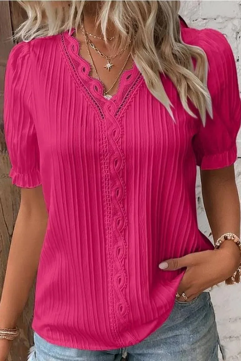CWTBLS1468_SOLID COLOR V-NECK HOLLOW SHORT-SLEEVED SHIRT: APRICOT / (3XL) 1