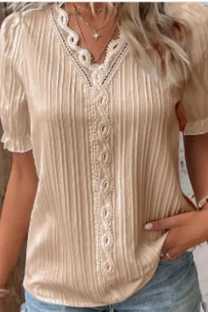 CWTBLS1468_SOLID COLOR V-NECK HOLLOW SHORT-SLEEVED SHIRT: APRICOT / (3XL) 1