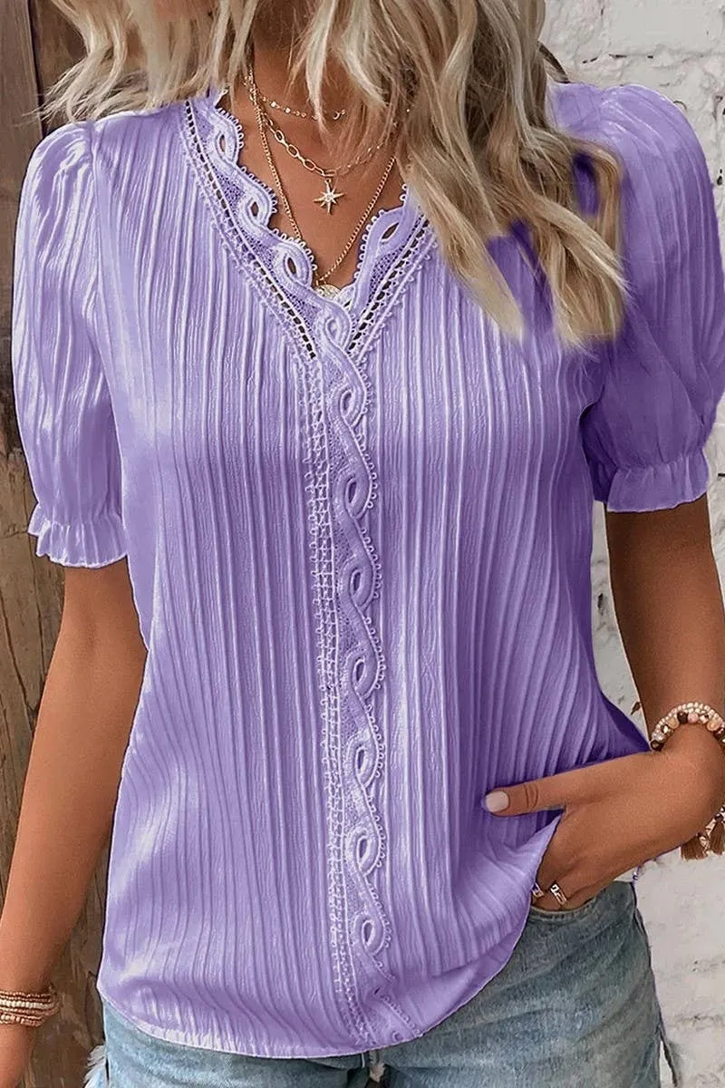 CWTBLS1468_SOLID COLOR V-NECK HOLLOW SHORT-SLEEVED SHIRT: APRICOT / (3XL) 1