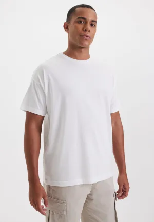 Ekru Bisiklet Yaka Oversize Fit Pamuklu Basic Erkek T-Shirt THOMAS