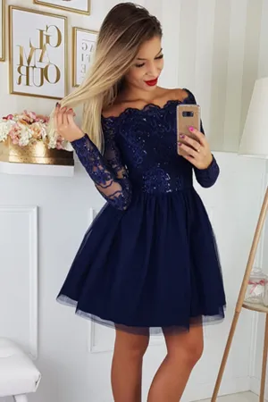 Elegant Long Sleeve Navy Lace Short Homecoming Dresses, MH446