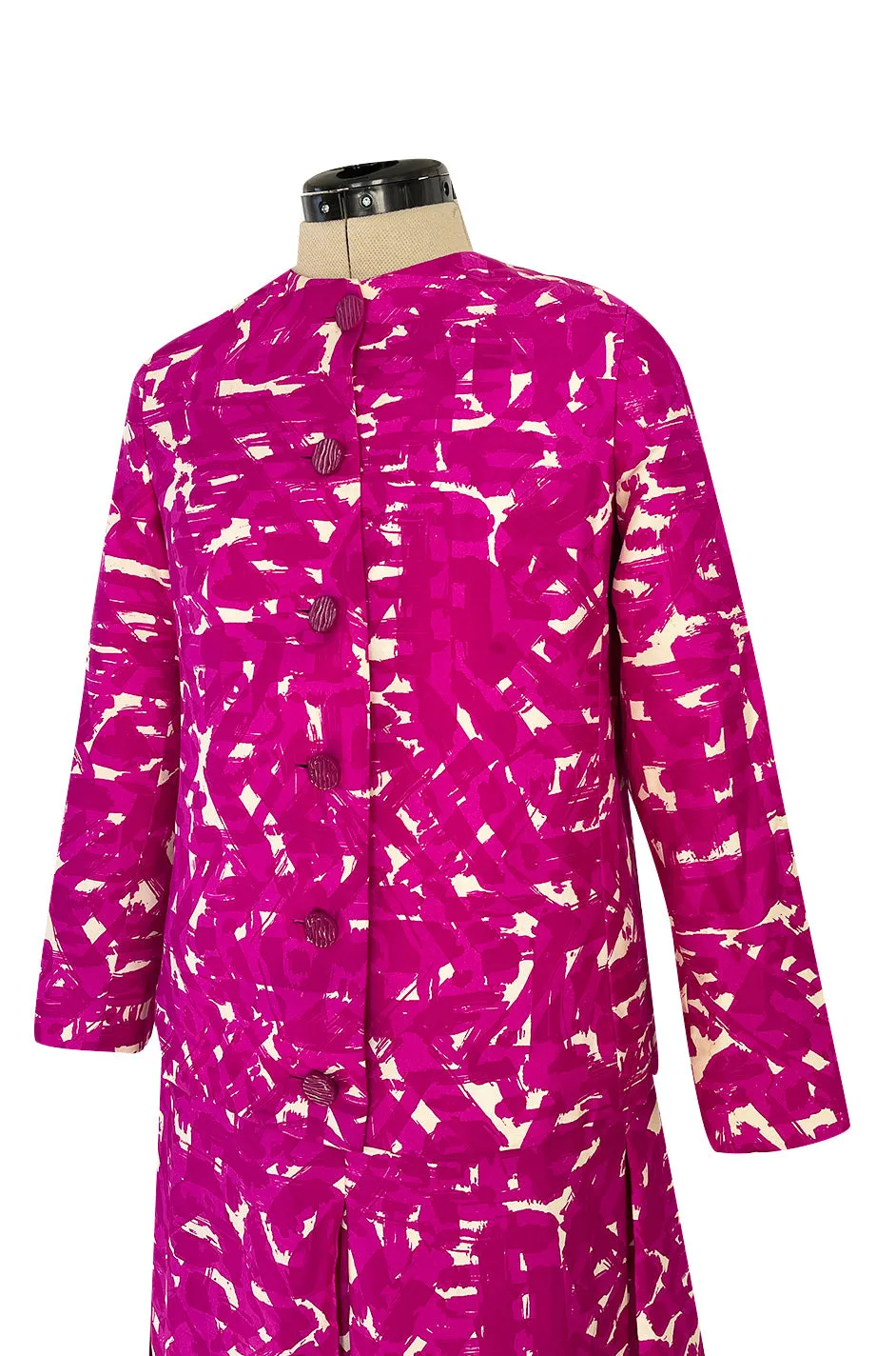 Exceptional Spring 1966 Christian Dior Haute Couture Suit by Marc Bohan In a Pink Patterned Silk Twill