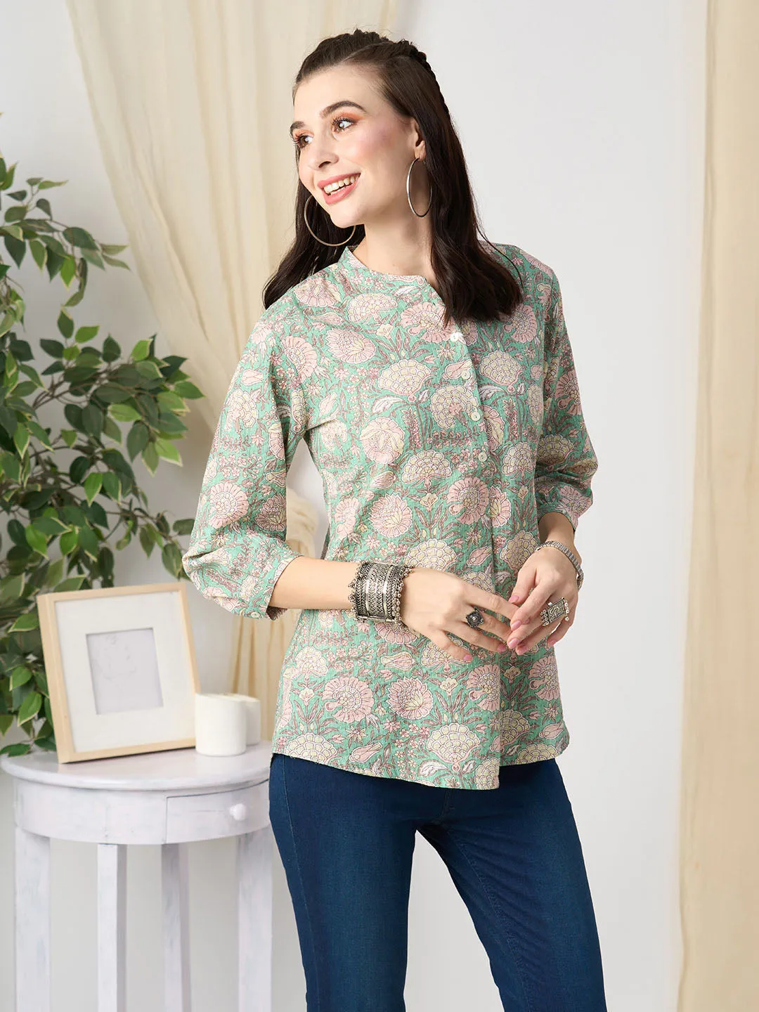 Exclusive Cotton Green A-Line Tunic With Kantha work & Botanical Print For Women - ZOLA