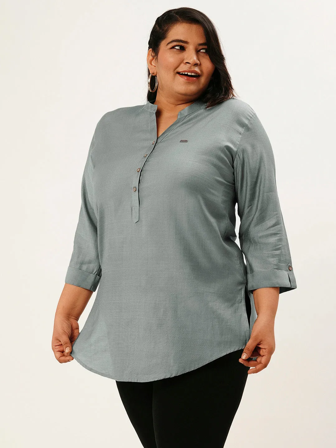 Exclusive Mandarin Collar Rayon Solid Grey Straight Tunic For Women ZOLA