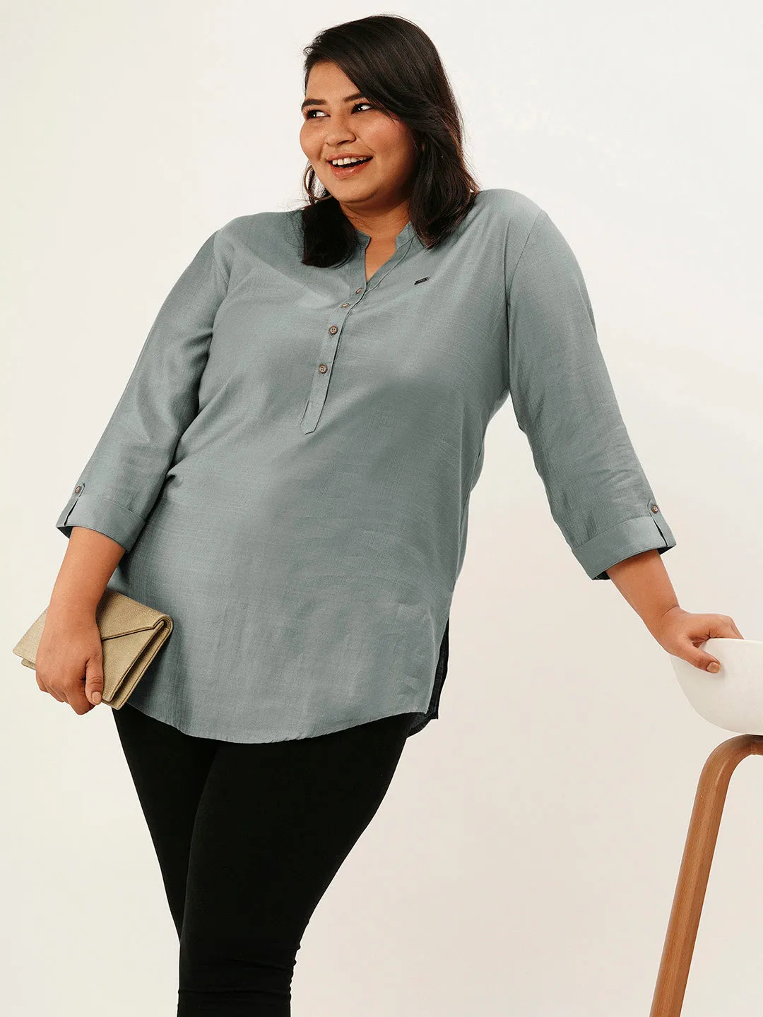 Exclusive Mandarin Collar Rayon Solid Grey Straight Tunic For Women ZOLA