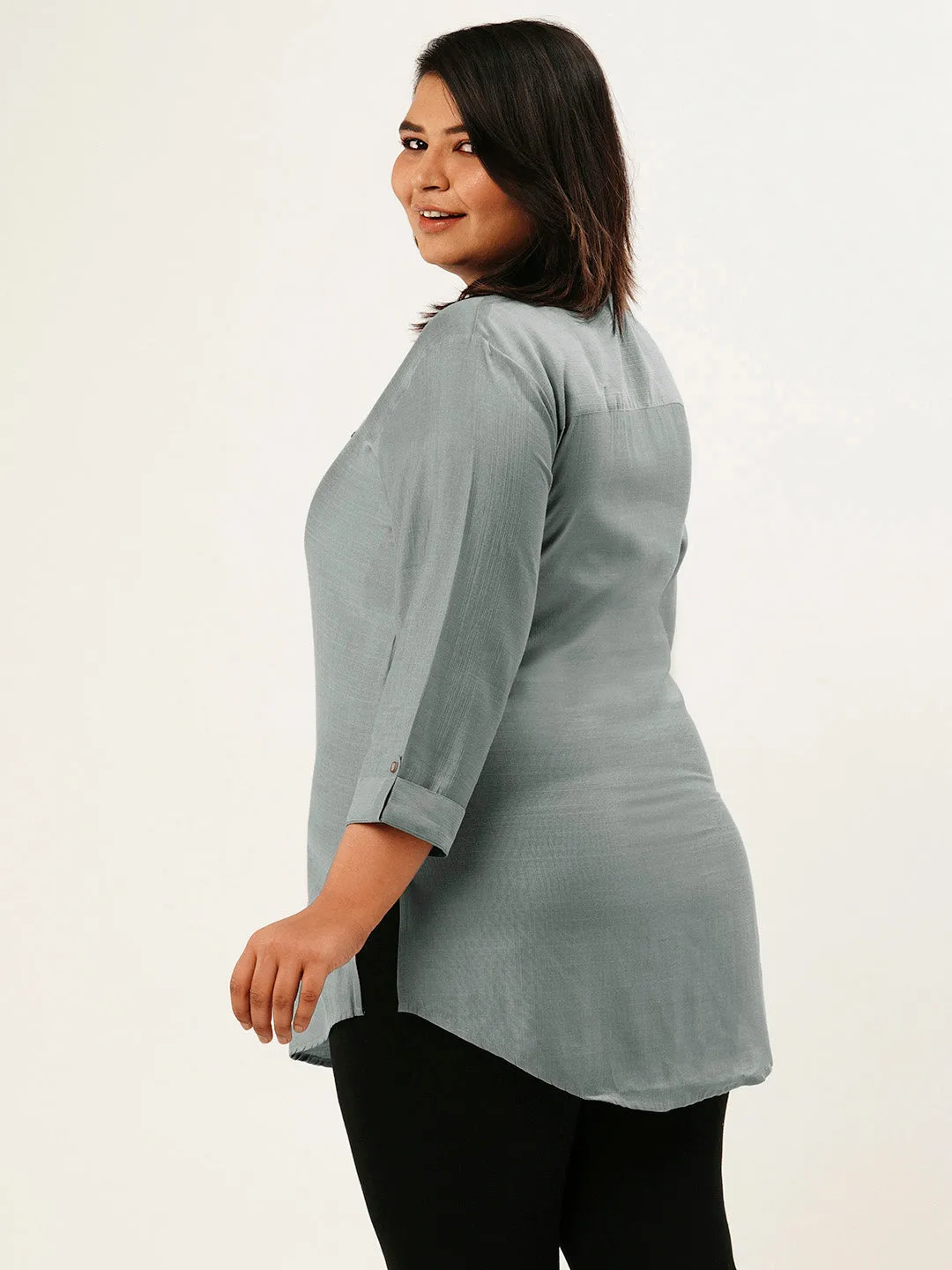 Exclusive Mandarin Collar Rayon Solid Grey Straight Tunic For Women ZOLA