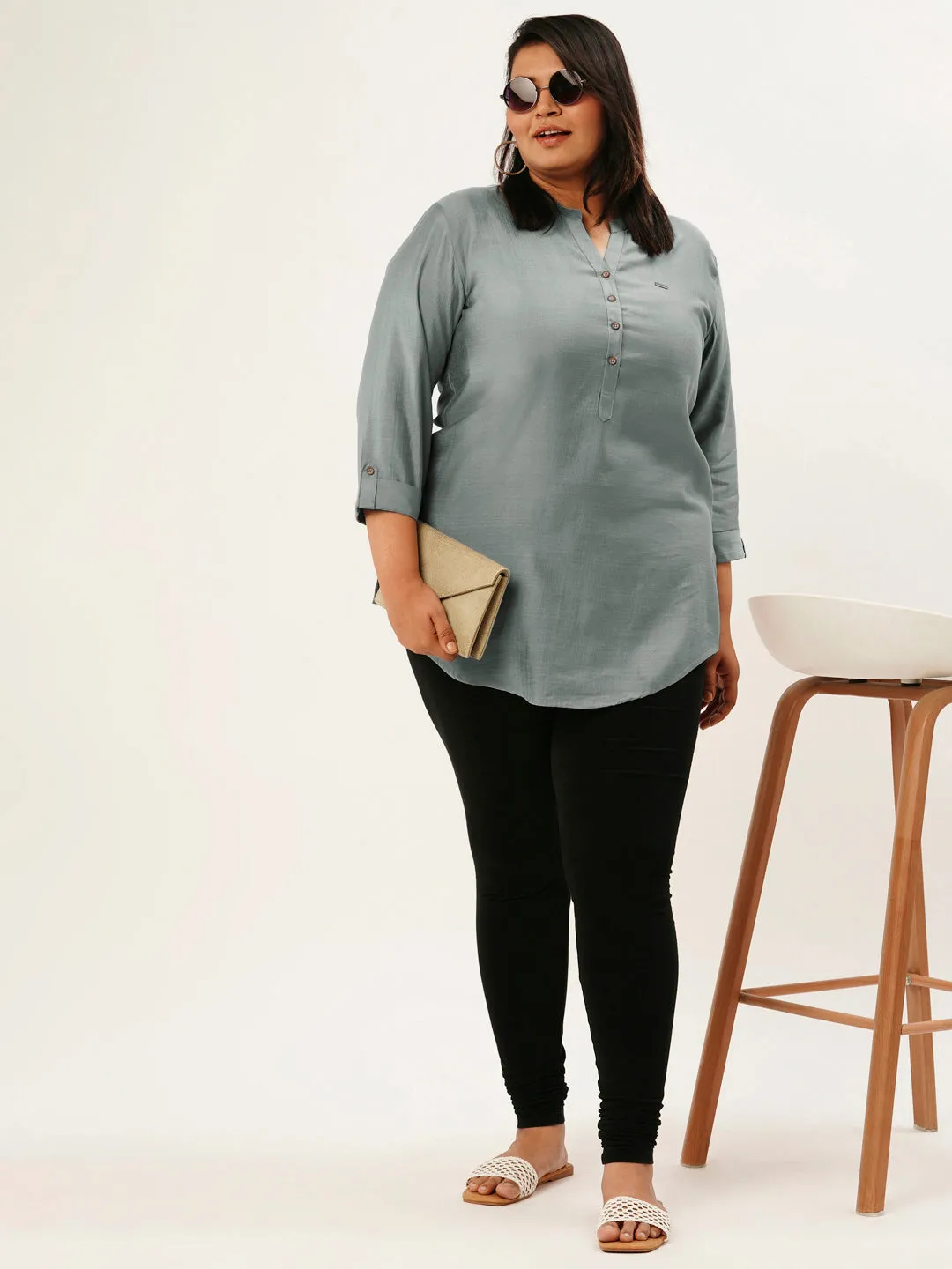 Exclusive Mandarin Collar Rayon Solid Grey Straight Tunic For Women ZOLA