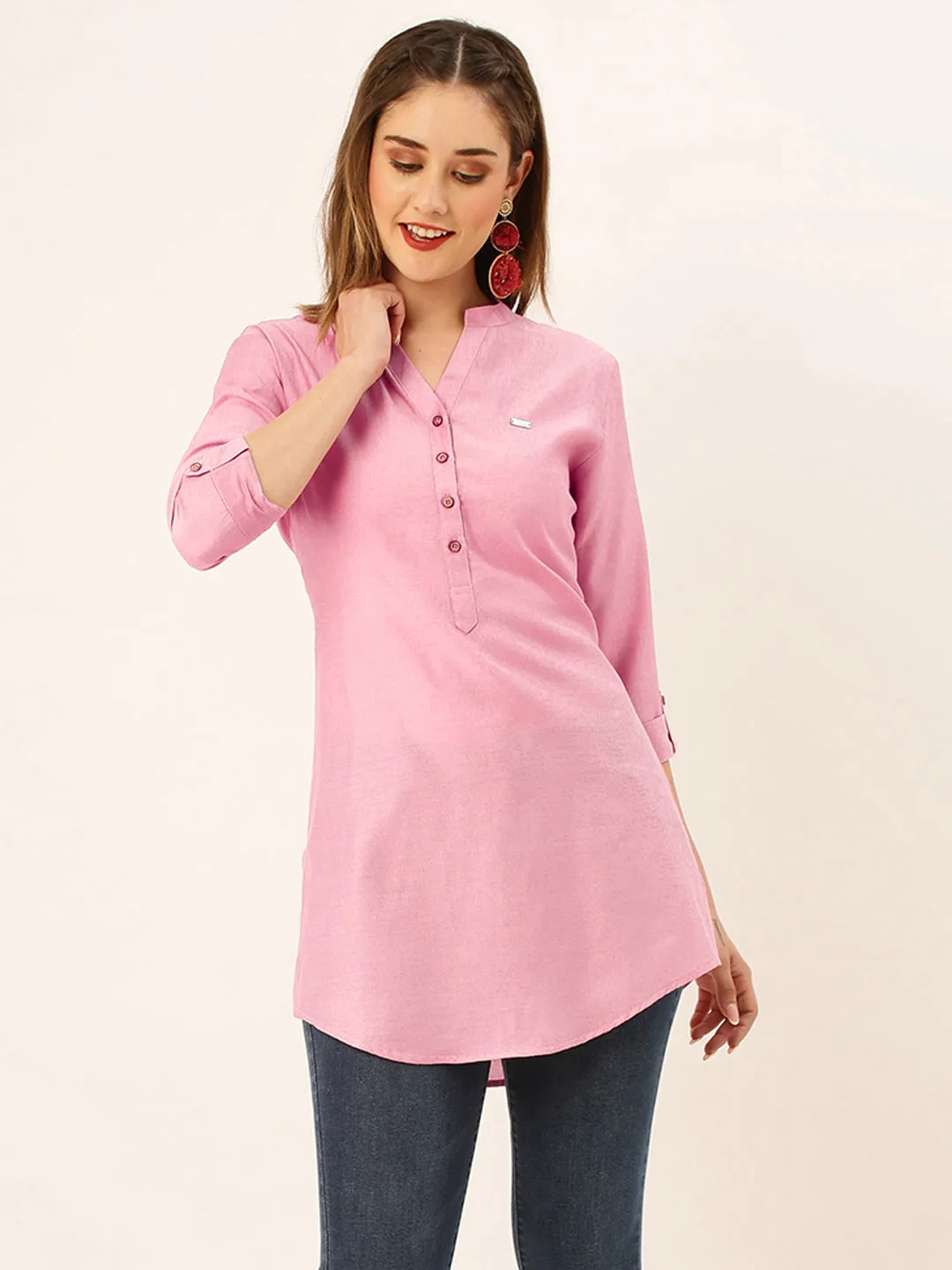 Exclusive Mandarin Collar Rayon Solid Pink Straight Tunic For Women ZOLA