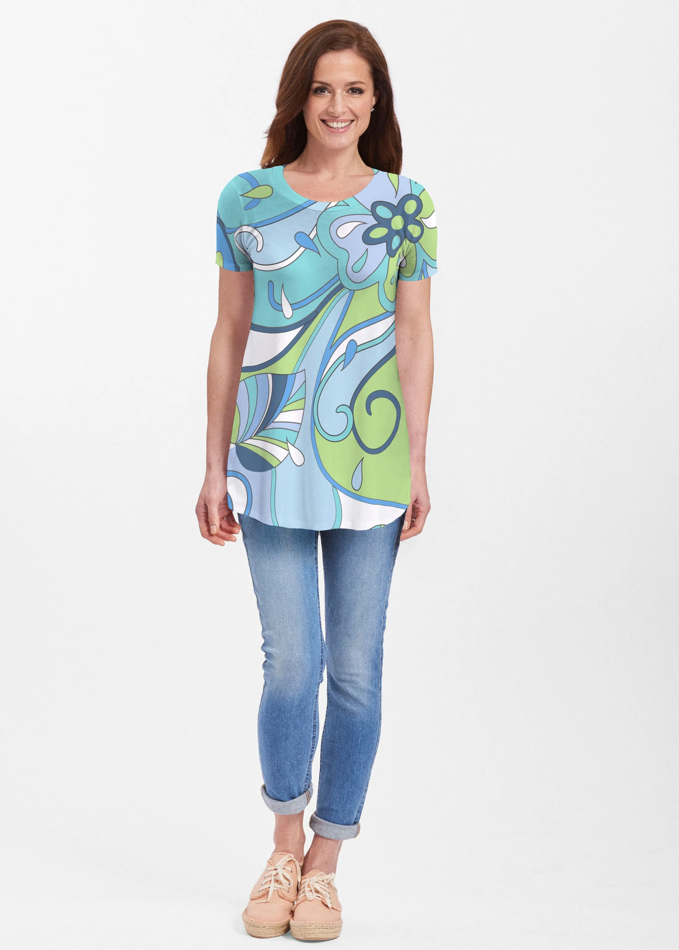 Floral Spritz Turquoise (22093) ~ Butterknit Short Sleeve Tunic