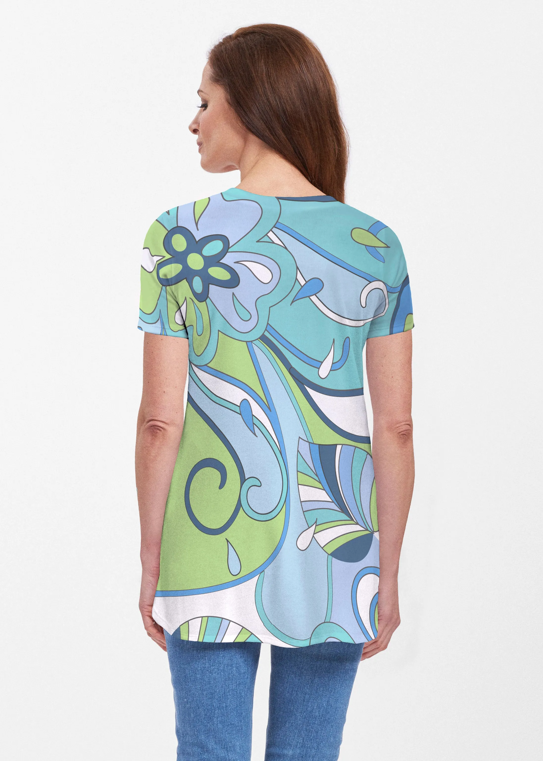 Floral Spritz Turquoise (22093) ~ Butterknit Short Sleeve Tunic
