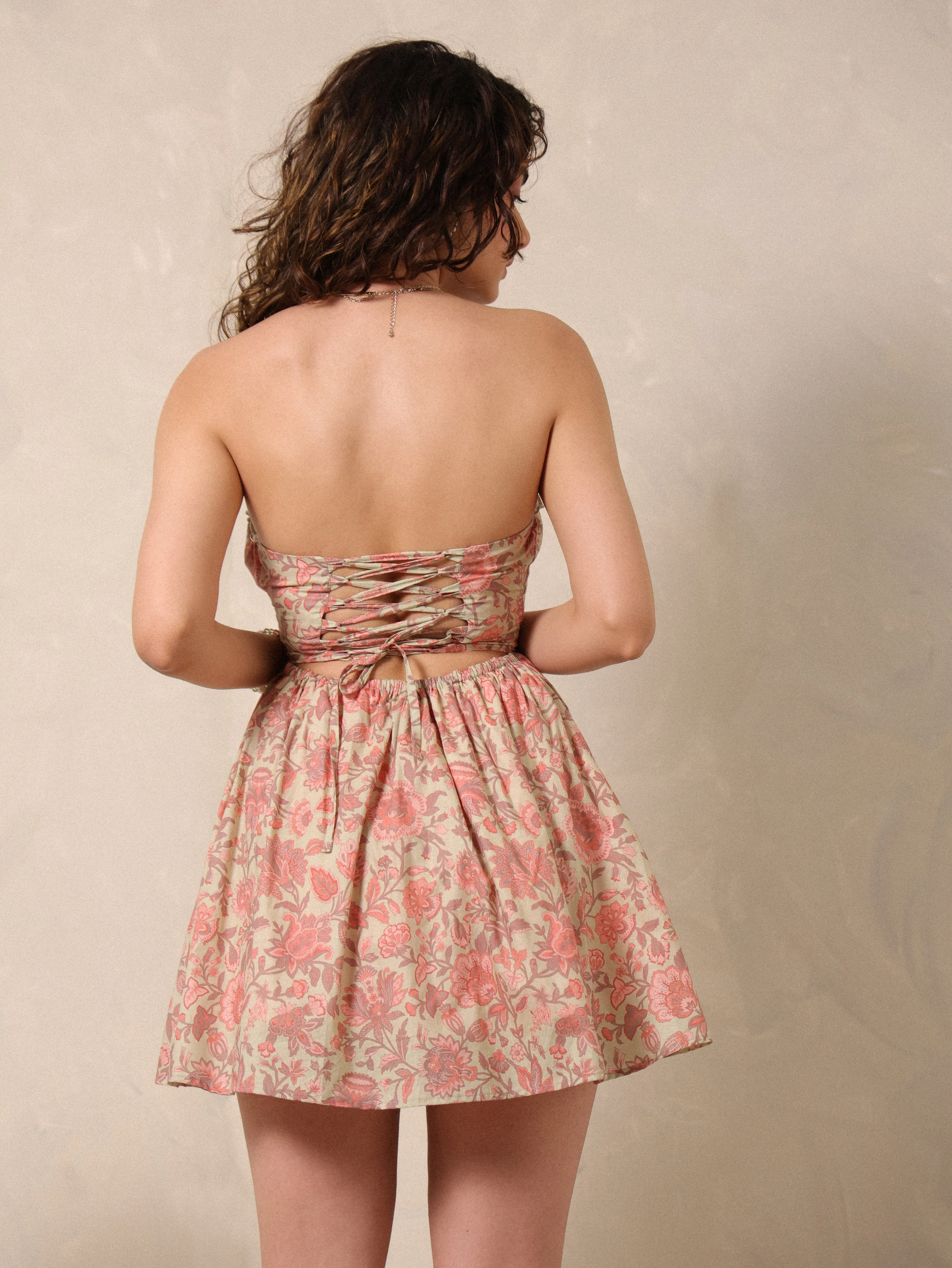 Frill Detailed Printed Bustier Mini Dress