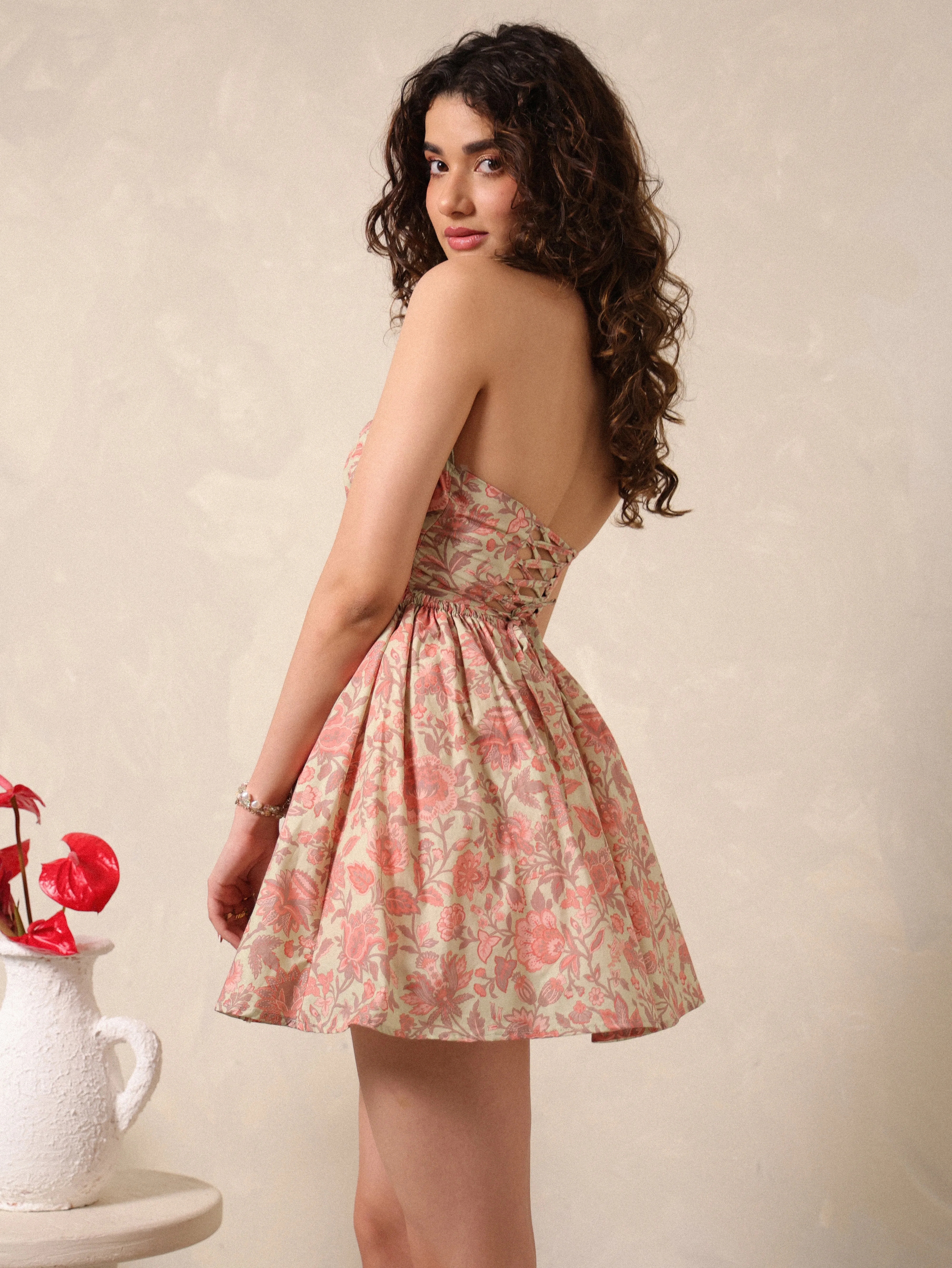 Frill Detailed Printed Bustier Mini Dress