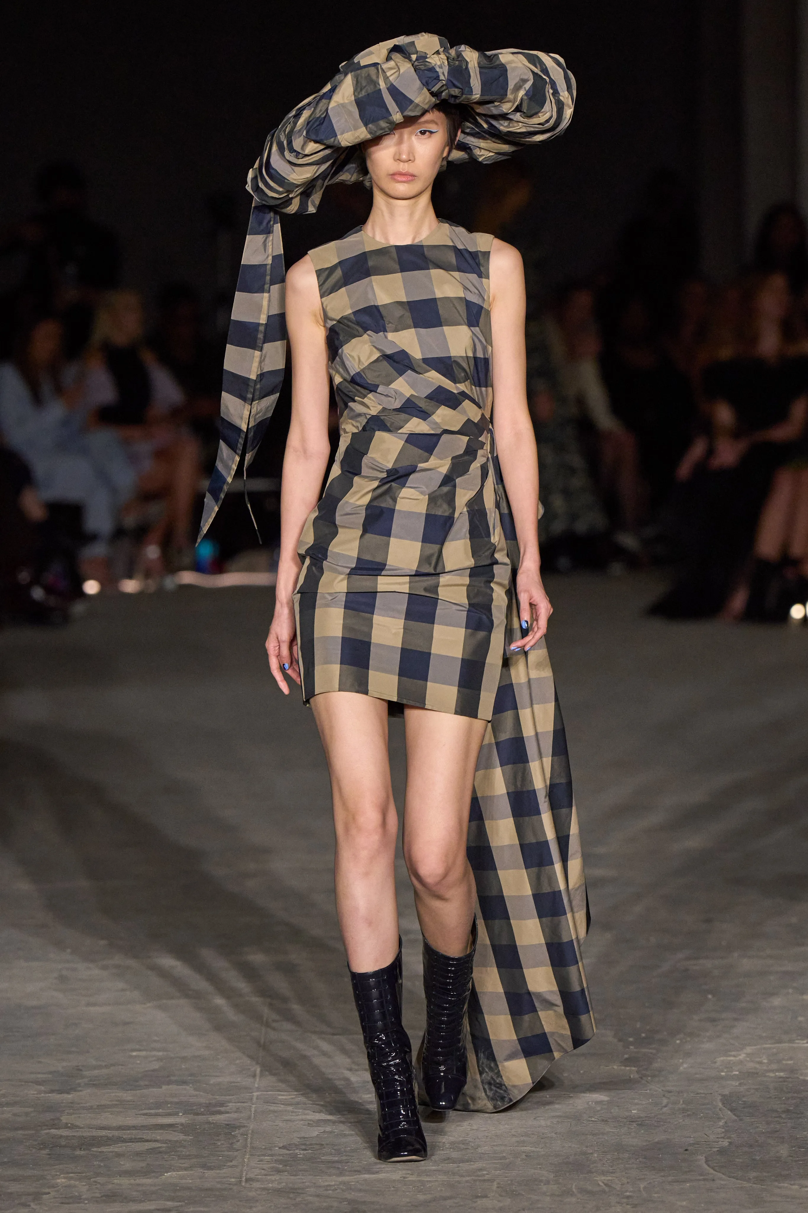 Gathered Plaid Mini Dress with Side Drape