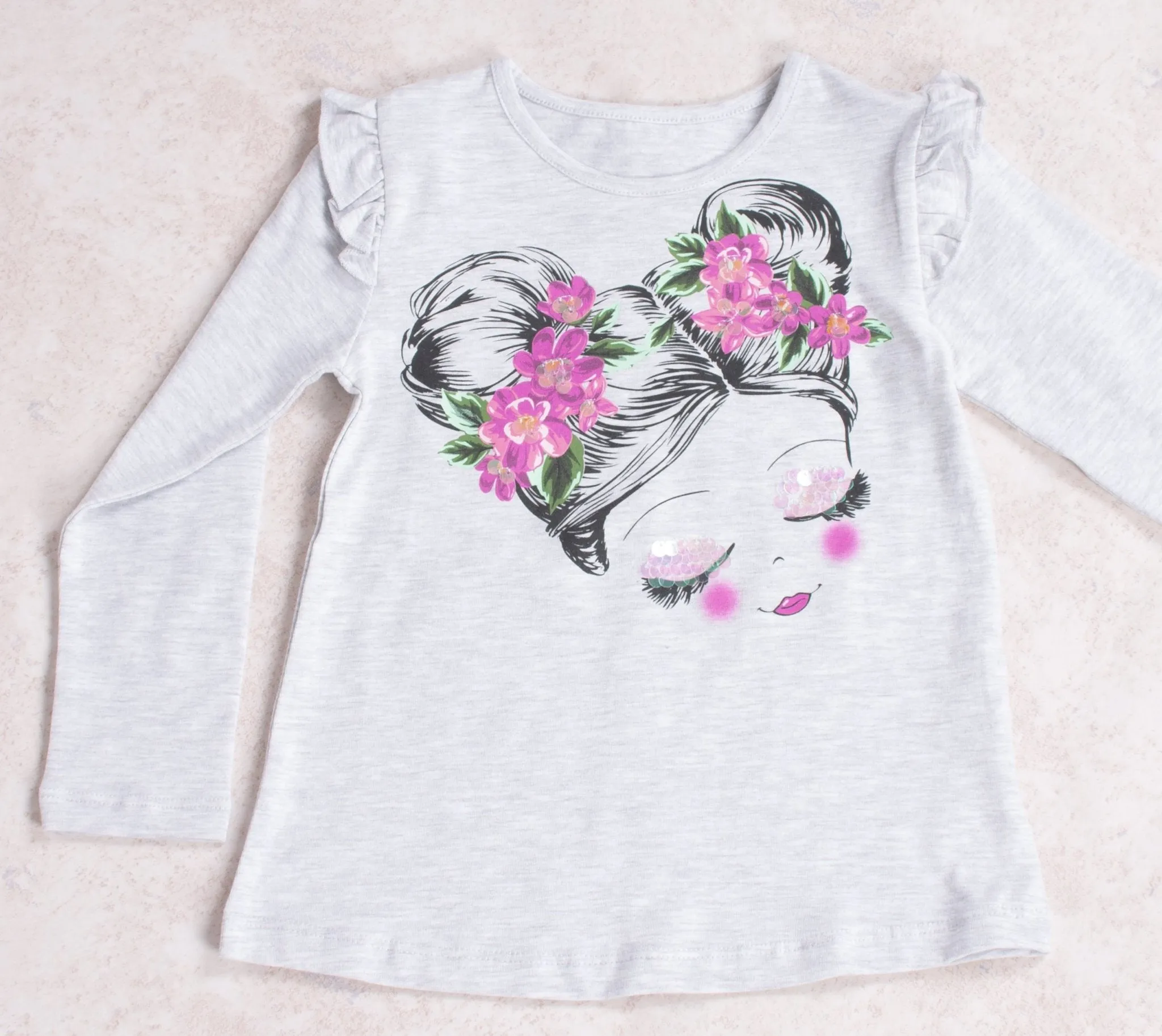 Girls' Gray Ruffle Sleeve T-shirt