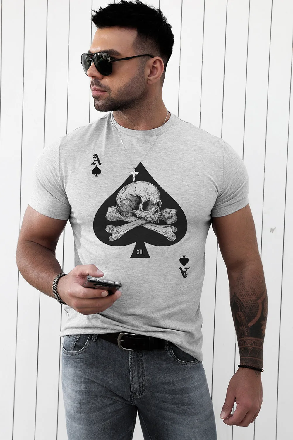 Gray Ace of Spades Skull Graphic Print Short Sleeve Men's T Shirt
