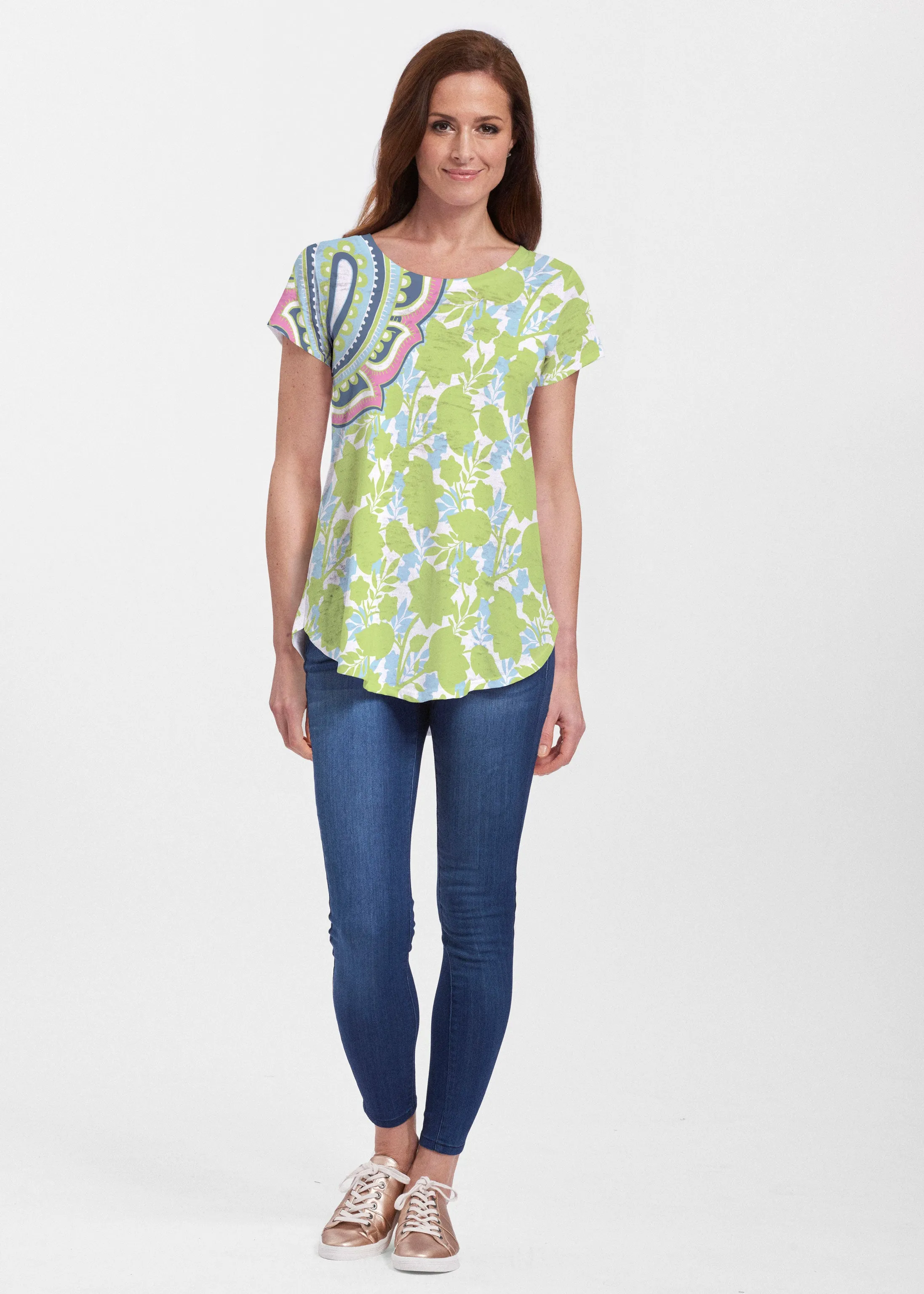Harbor Paisley Lime (13433) ~ Signature Short Sleeve Scoop Neck Flowy Tunic