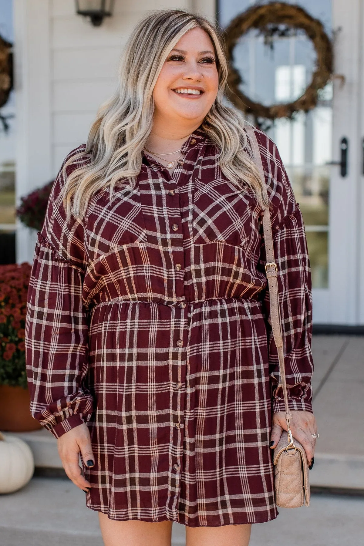 Here For The Hayrides Plaid Dress- Burgundy