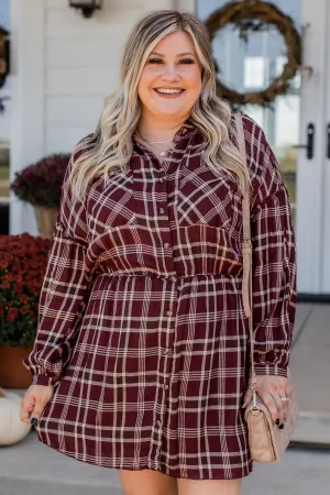 Here For The Hayrides Plaid Dress- Burgundy