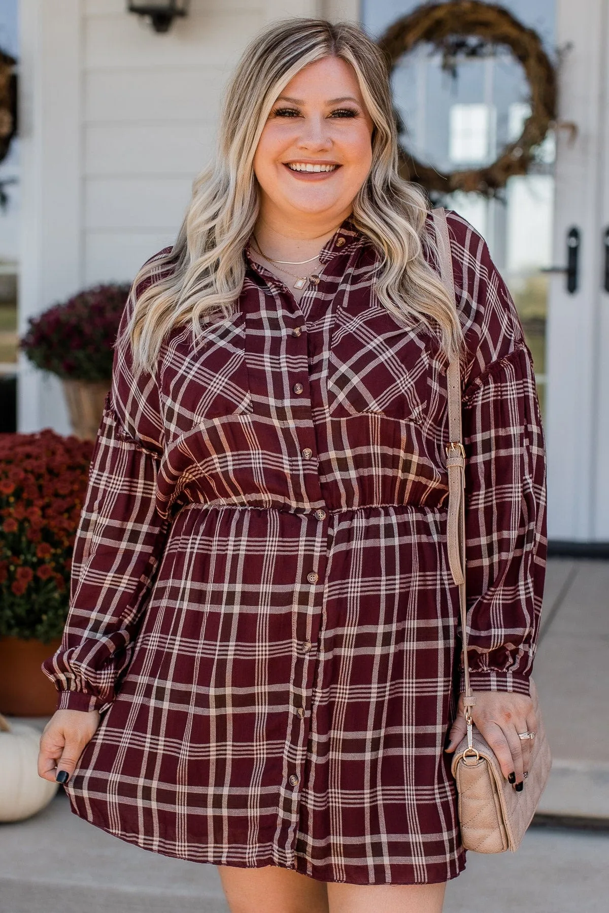 Here For The Hayrides Plaid Dress- Burgundy