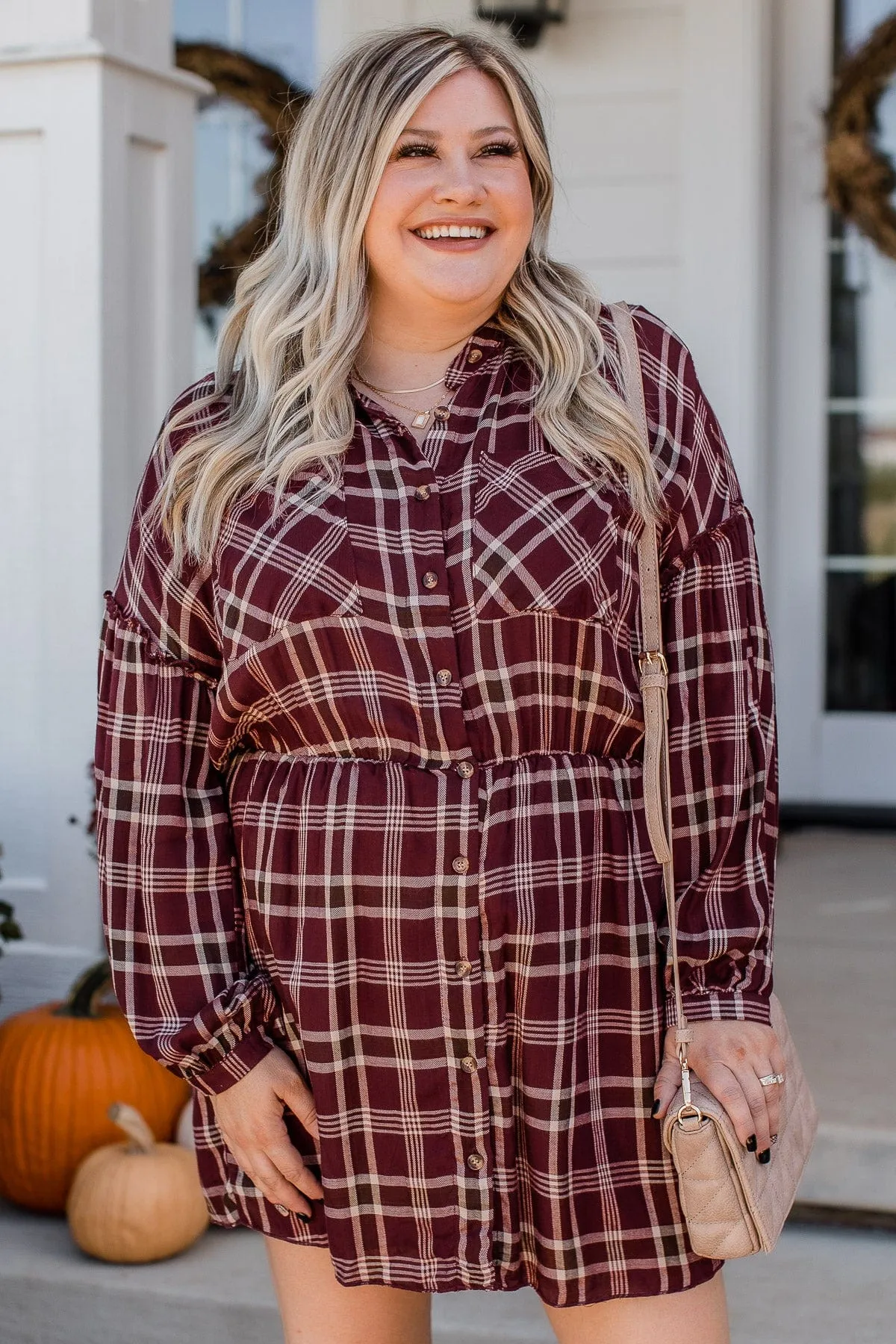 Here For The Hayrides Plaid Dress- Burgundy