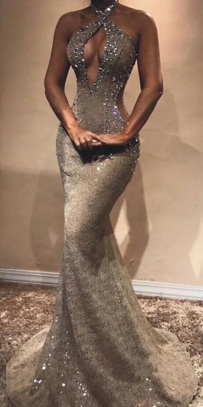Lace Mermaid Halter Sexy Evening Long Prom Dresses, WP012