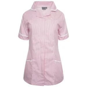 Ladies Healthcare Tunic | Round Collar | Pink White Stripe/White Trim